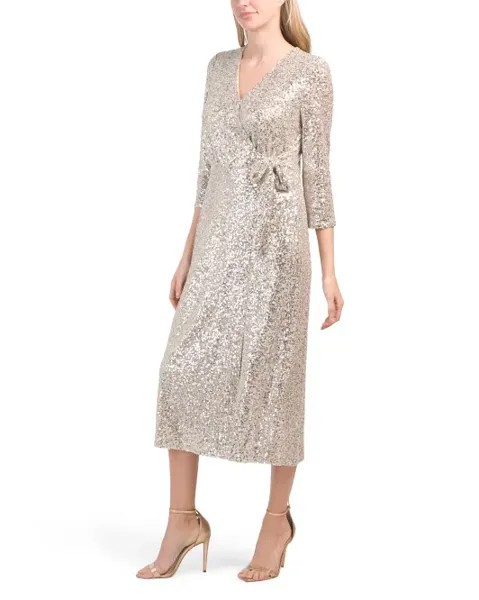 Платье миди с искусственным запахом и пайетками Anne Klein, серый
