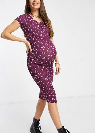 Базовое трикотажное платье миди для беременных бордового цвета с цветочным рисунком и короткими рукавами Flounce Maternity-Коричневый