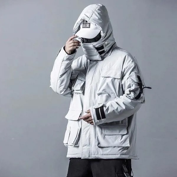 Куртка мужская с карманами, однотонная парка в стиле хип-хоп, Карго, функциональная тактическая толстовка, Зимняя Теплая стеганая куртка, од...