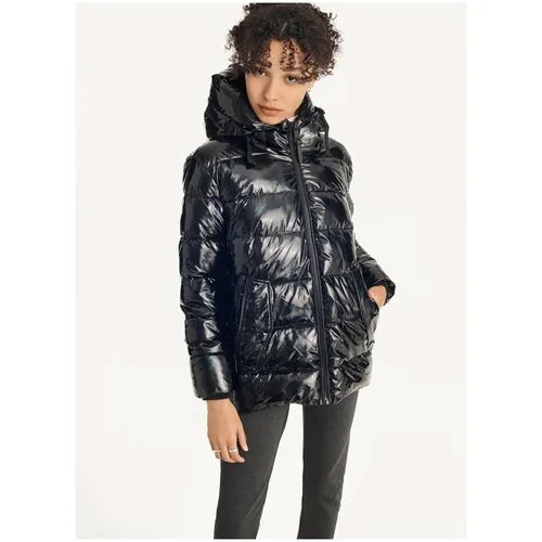 Куртка DKNY М черная теплая ниже бедра с капюшоном на молнии Glossy Mid Length Puffer With Envelope Pockets