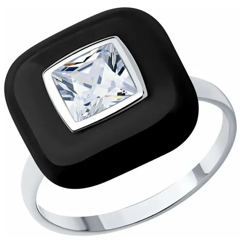 Кольцо Diamant, серебро, 925 проба, родирование, фианит, эмаль, размер 19, черный