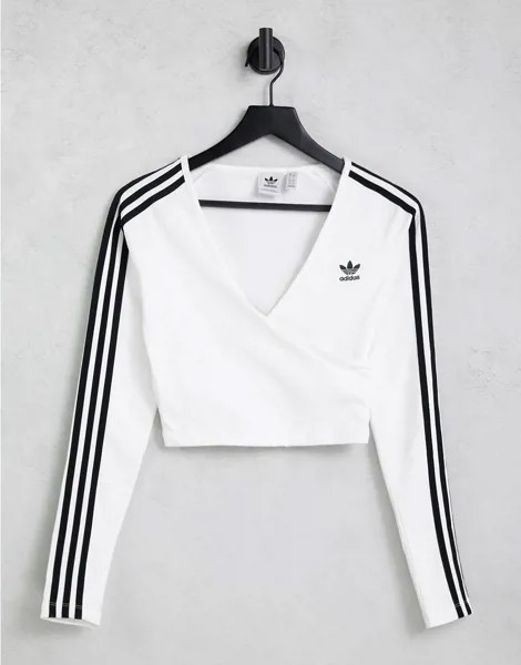 Белый укороченный лонгслив с 3 полосками adidas Originals adicolour