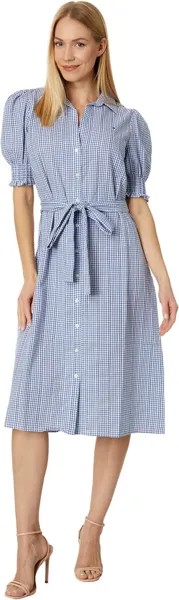Платье миди в мелкую клетку с пышными рукавами Tommy Hilfiger, цвет Dobby Gingham/Harbor Blue/Bright White