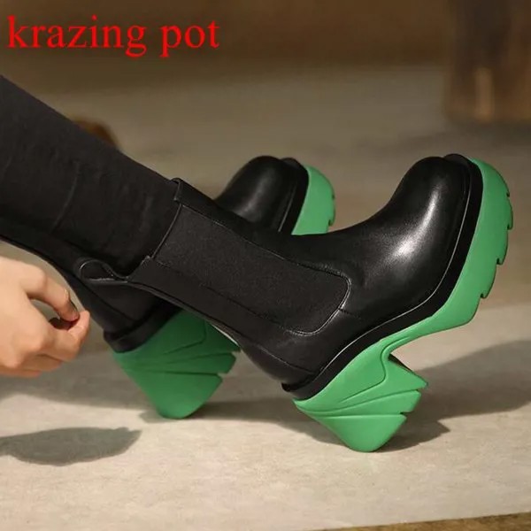 Ботинки Krazing pot на платформе, теплые полусапожки из воловьей кожи, с круглым носком, на устойчивом каблуке, европейские полусапожки Челси