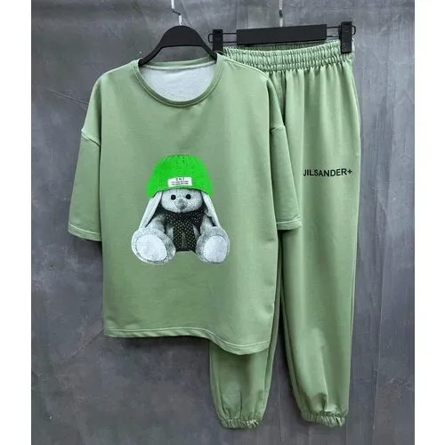Костюм Фламинго, футболка и брюки, спортивный стиль, свободный силуэт, карманы, размер 46, зеленый