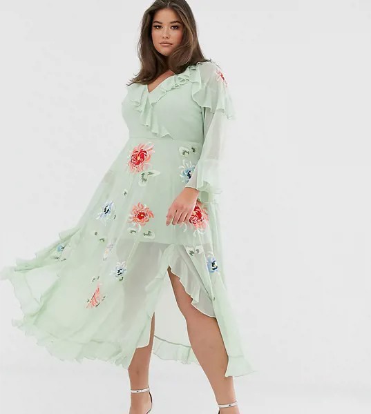 Платье макси с запахом и вышивкой ASOS DESIGN Curve-Зеленый