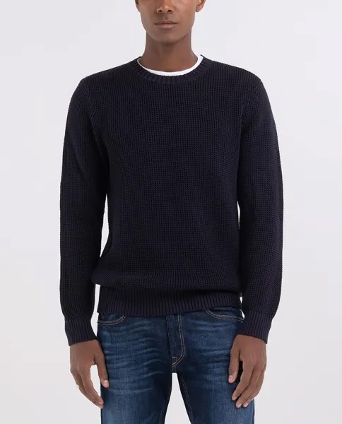 Мужской свитер темно-синего цвета с круглым вырезом Replay, темно-синий