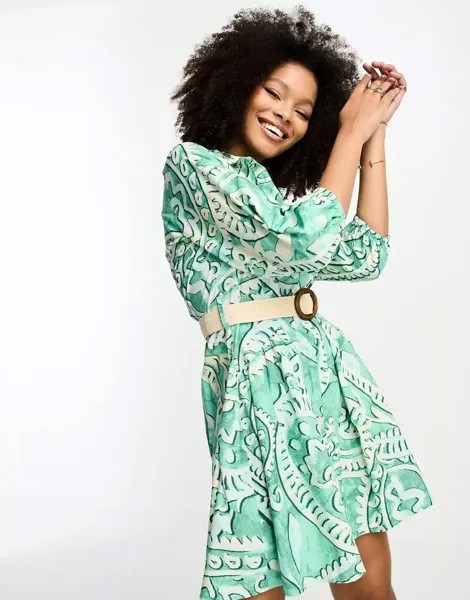 Зеленое платье-рубашка с принтом пейсли River Island и поясом из рафии