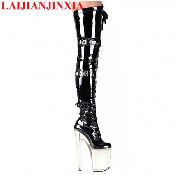 LAIJIANJINXIA/пикантные ботфорты женские ботинки из мягкой искусственной кожи, с узким голенищем, высота до бедра, сексуальные 20 см Обувь на высоких каблуках на платформе; Обувь для танцев с кристаллами