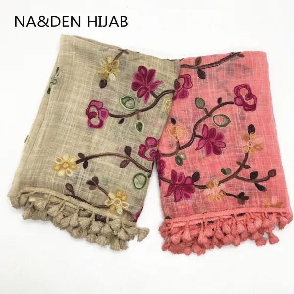 Hi-Q простой однотонный шарф hijabs с цветочной вышивкой и кисточками, женский шарф, платок, мусульманские повязки на голову, 10 шт./лот, быстрая до...