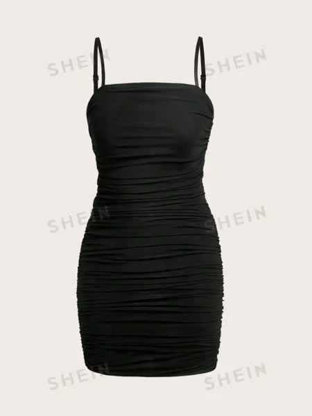 SHEIN EZwear Облегающее платье-комбинация из сетчатого материала со сборками, черный