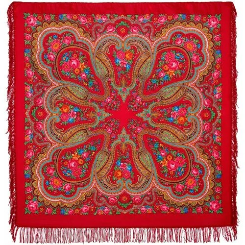 Платок Павловопосадская платочная мануфактура,146х146 см, красный, розовый