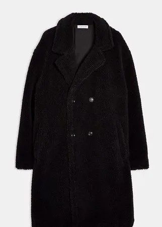 Черное удлиненное плюшевое двубортное пальто Topman Big & Tall-Черный цвет
