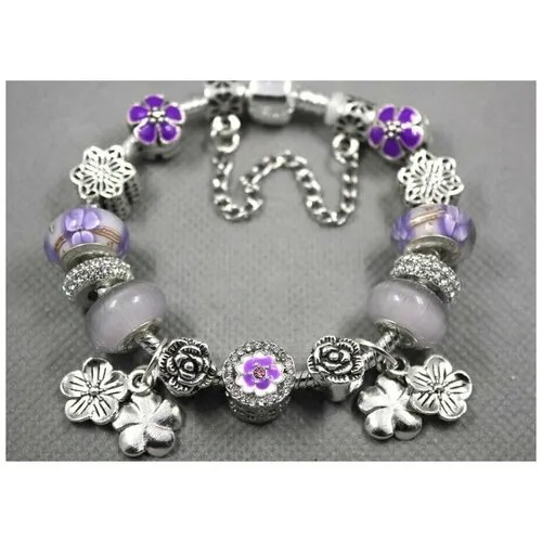 Браслет-цепочка Handinsilver ( Посеребриручку ) Браслет с шармами на основе из бижутерной стали, стразы, муранское стекло, стекло, 1 шт., размер 21 см, purple