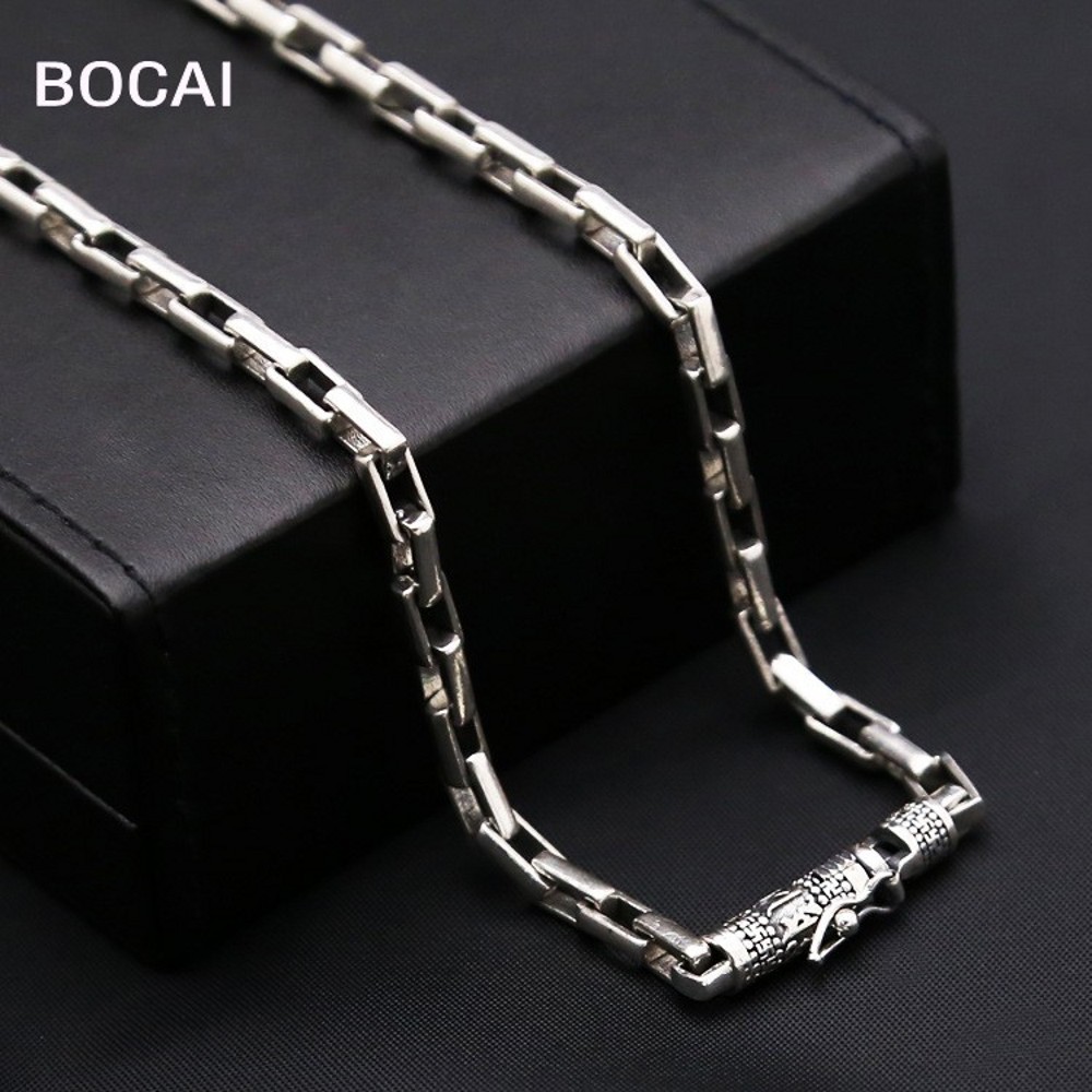 Ювелирные изделия BOCAI из настоящего серебра S925 пробы, квадратная цепь в стиле ретро, шероховатая цепь в коробке, тайское серебряное ожерелье...