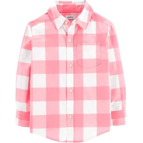 Рубашка Carter's, прямой силуэт, на пуговицах, длинный рукав, в клетку, размер 3T, белый, розовый