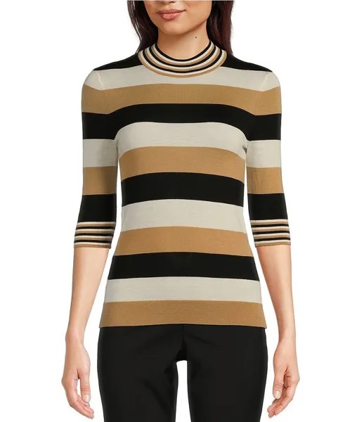 Рубашка BOSS by Hugo Boss Fratellina Engineered Stripe Print, тонкая трикотажная рубашка с воротником-стойкой и рукавами 3/4, мультиколор
