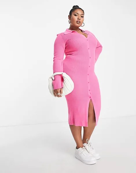 Ярко-розовое платье миди с рифлеными рукавами и пуговицами The Frolic Plus