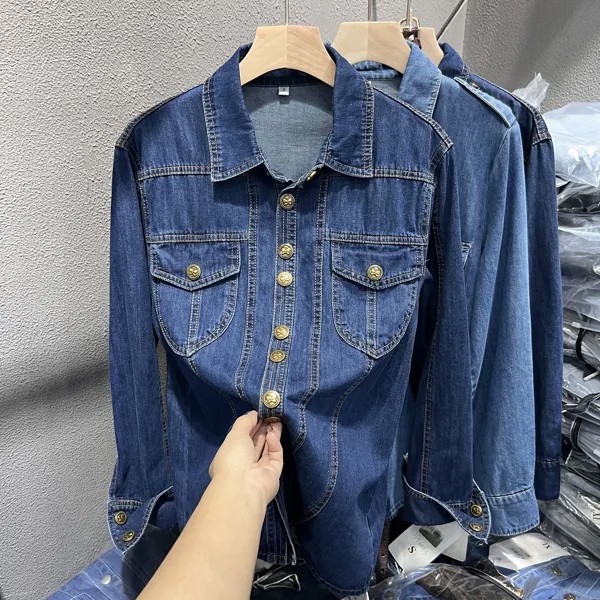 Женская джинсовая рубашка с воротником-поло, Корейская версия, Женское пальто, весна 2023, Свободный Повседневный складной Топ