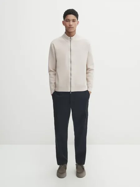 Кардиган миланской вязки с воротником-стойкой и молнией Massimo Dutti, бежевый