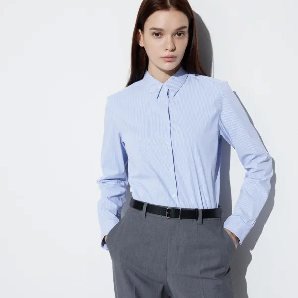Рубашка UNIQLO эластичная в полоску с длинным рукавом, синий