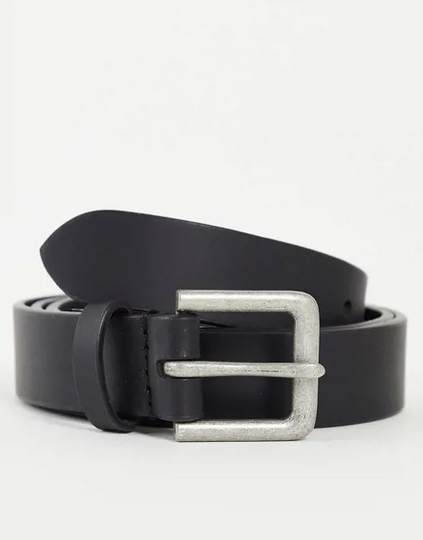 Черный узкий кожаный ремень с серебристой пряжкой ASOS DESIGN-Черный цвет