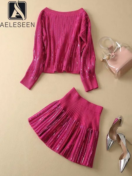AELESEEN женский осенне-зимний комплект модной розово-Красной водолазки с открытыми плечами свитер с бисером + мини-юбка вязаный комплект