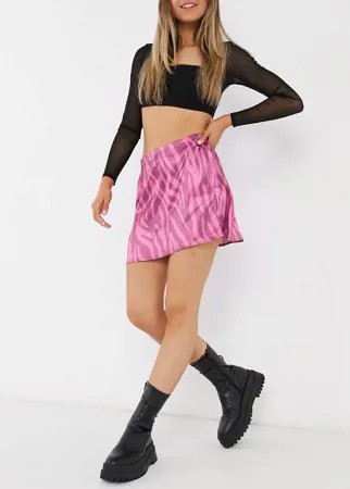 Атласная мини-юбка А-образного силуэта с зебровым принтом от комплекта Another Reason-Розовый цвет