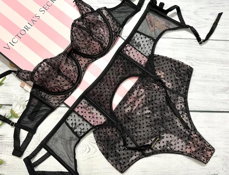 Комплект Victorias Secret без подкладки: бюстгальтер из 3 предметов + подвязки + трусики с высокой талией ЧЕРНЫЙ В ГОРОЧЕК