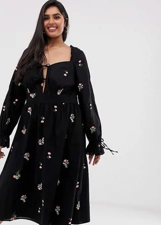Платье миди с вырезом сердечком и вышивкой ASOS DESIGN Curve-Мульти