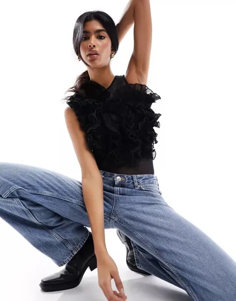 Черное сетчатое боди с оборками River Island