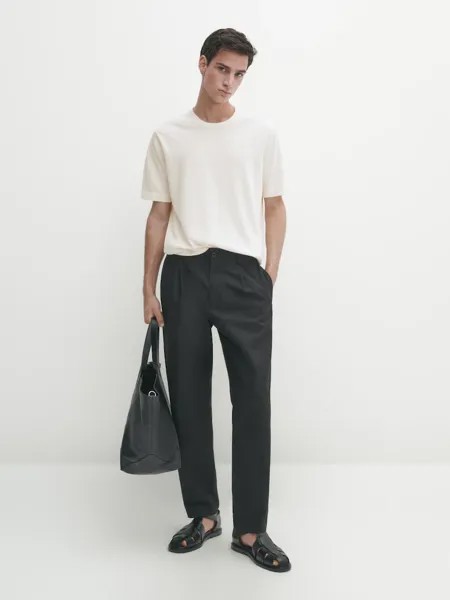 Трикотажная футболка с круглым вырезом и короткими рукавами Massimo Dutti, бежевый