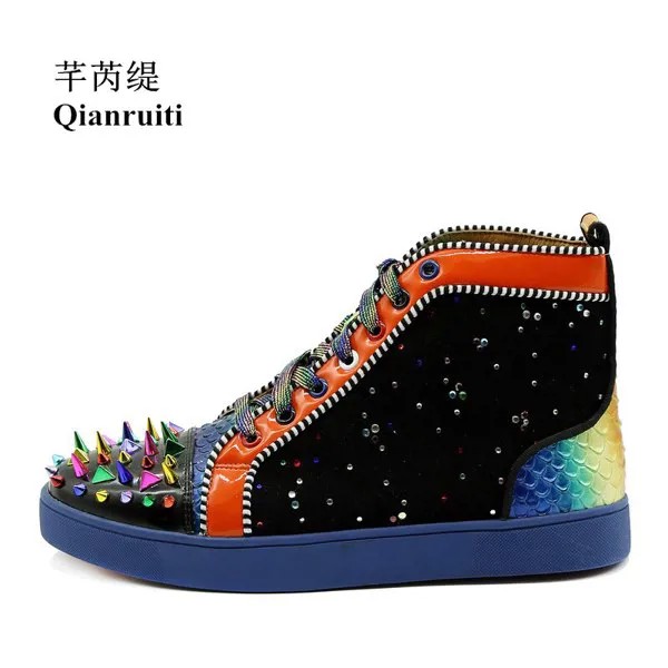Мужские высокие кроссовки Qianruiti, разноцветные Лоскутные Туфли-стразы на плоской подошве, со шнуровкой