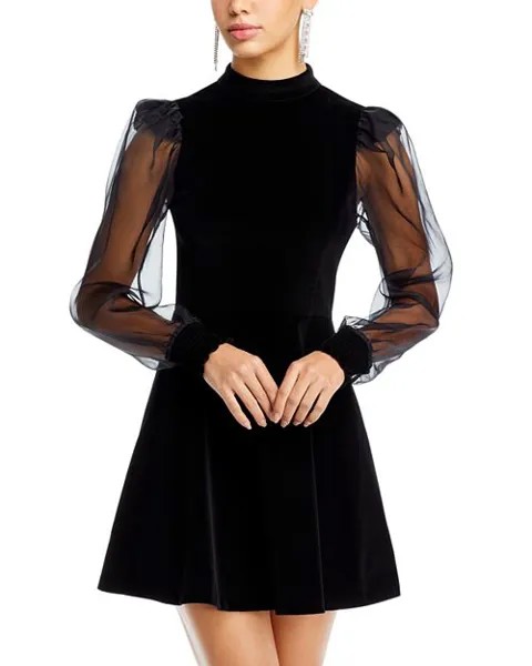 Бархатное мини-платье Paulette с пышными рукавами Alice and Olivia, цвет Black