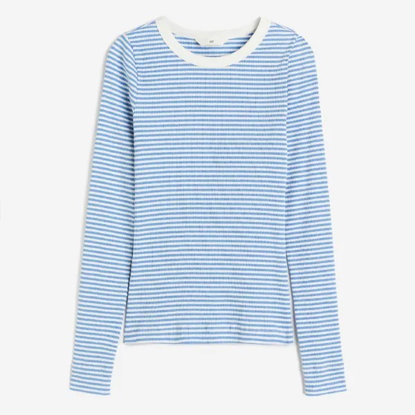 Лонгслив H&M Ribbed Jersey, белый/синий