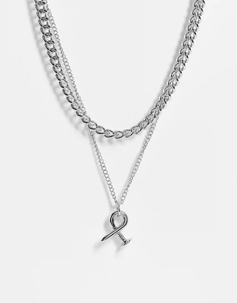 Серебристое ожерелье в несколько рядов из цепочек с подвеской в форме согнутого гвоздя Topshop-Серебристый