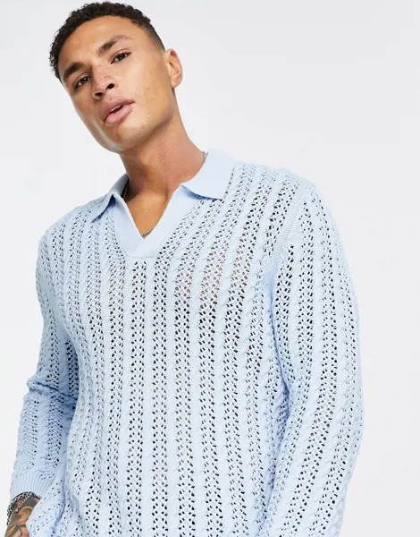 Голубой джемпер-поло ажурной вязки с разрезом на воротнике ASOS DESIGN