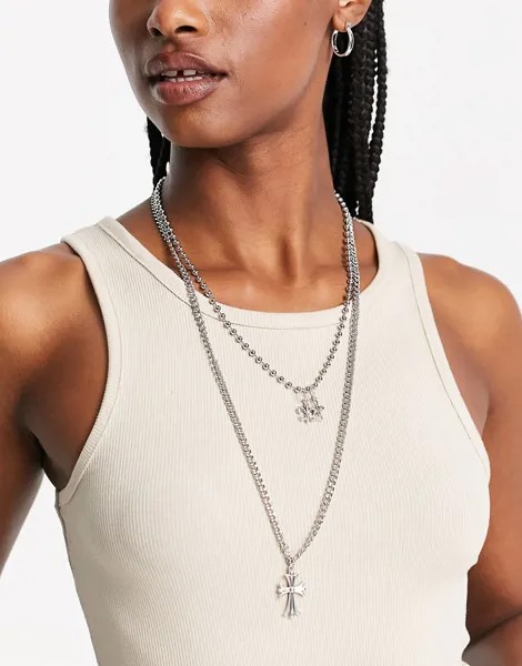 Ожерелье из нескольких цепочек с крестиком и лилией серебристого цвета ASOS DESIGN-Серебряный