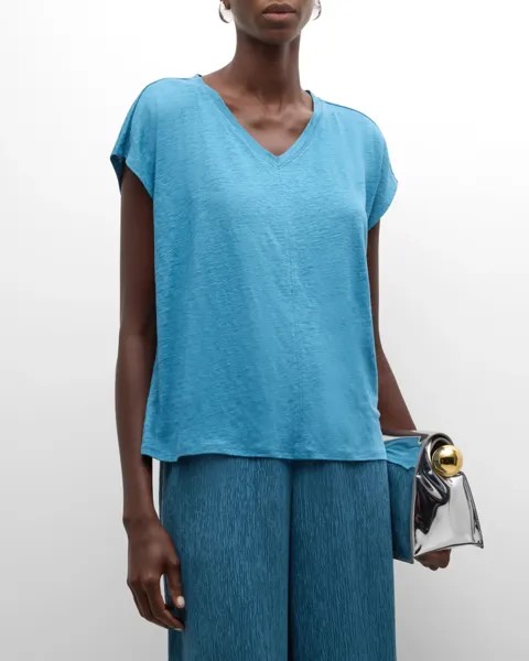 Трикотажная футболка из органического льна с V-образным вырезом Eileen Fisher, цвет Cascade