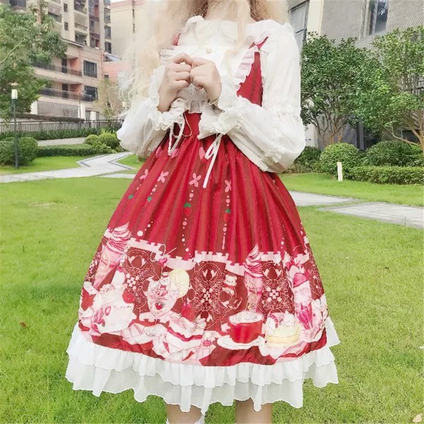 Rosetic Kawaii Комплект из трех предметов с оборками Топы сетка Лолита платье для девочек японский милый торт принт платья принцессы Лето 2022