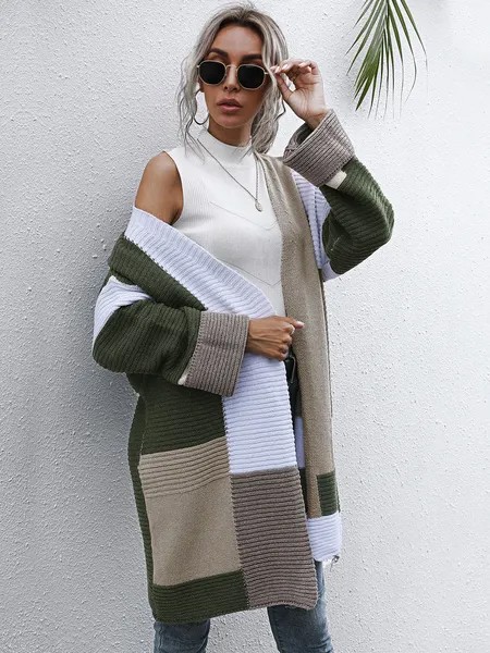 Milanoo Women\'s Sweaters Cardigans Hunter Green Cotton Plaid V-neck Long Sleeves Coats