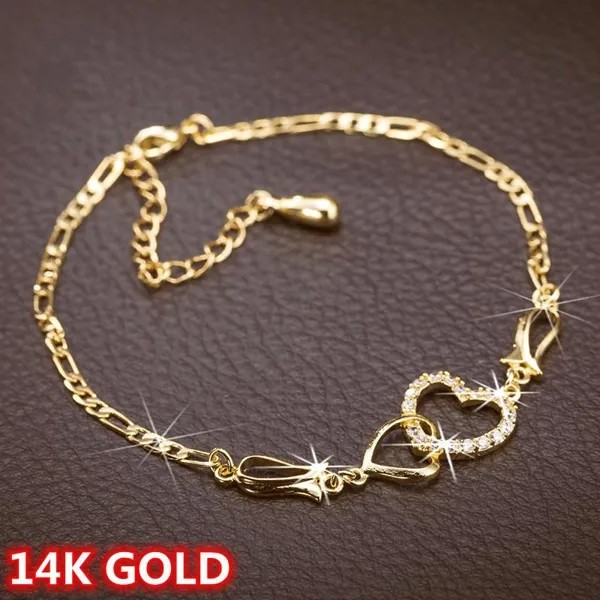 Мода Полые два сердца Застежка Бриллиант 14K Золото Женщины Лодыжки Браслет для свадьбы Лето Пляжный отдых Вечеринка Классическая цепочка Ювелирные изделия