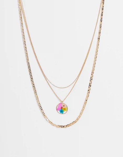 Золотистое ожерелье из цепочек с разными звеньями и подвеской с цветами Pieces-Золотистый