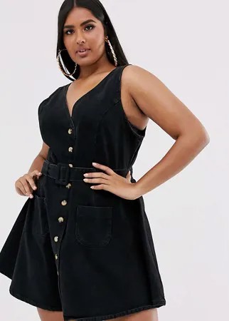 Черное джинсовое приталенное платье на пуговицах с поясом ASOS DESIGN Curve-Черный