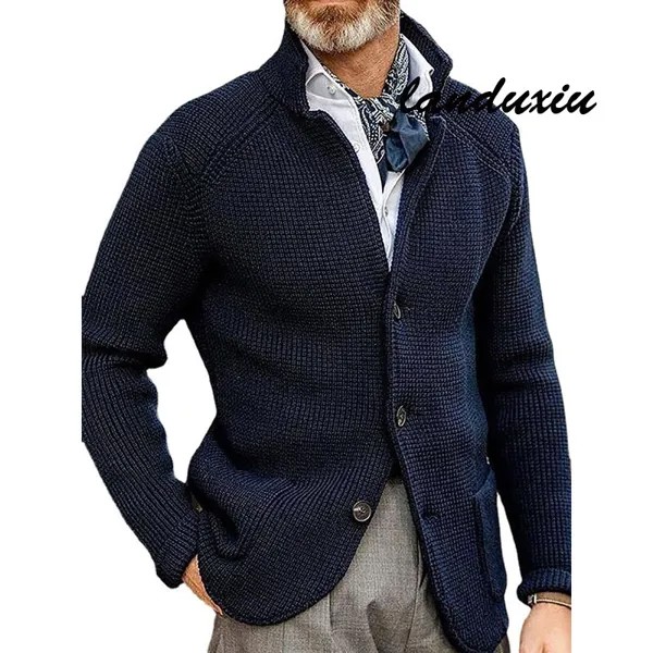 Мужской свитер, кардиган, топ с вышивкой, пальто, Зимний вязаный однобортный джемпер landuxiu в стиле ретро с длинными рукавами и пуговицами