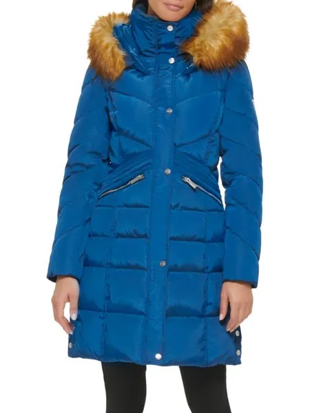 Пуховик на капюшоне с отделкой из искусственного меха Guess, цвет Deep Sea Blue