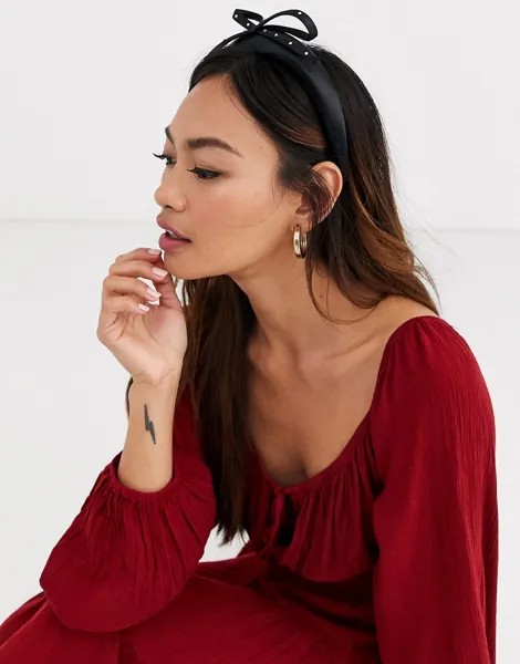 Черный атласный обруч для волос с отделкой стразами на банте ASOS DESIGN