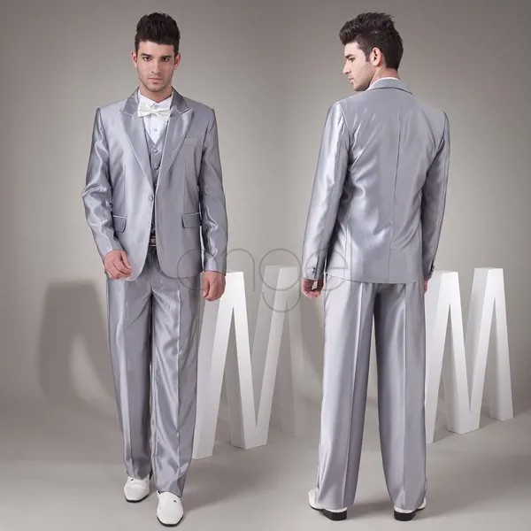 2017 последний дизайн пальто брюки Серебряный серый атласный мужской костюм на выпускной приталенный костюм из 3 предметов смокинг под заказ ...
