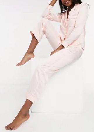 Нежно-розовый атласный пижамный комплект с длинными рукавами New Look-Розовый цвет