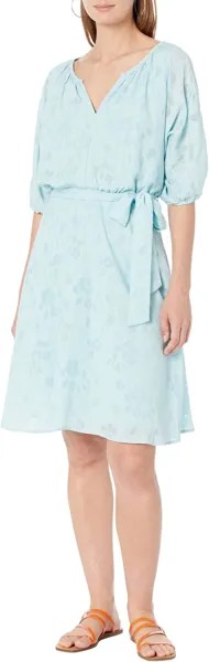 Платье с поясом и V-образным вырезом с пышными рукавами DKNY, цвет Sky Blue